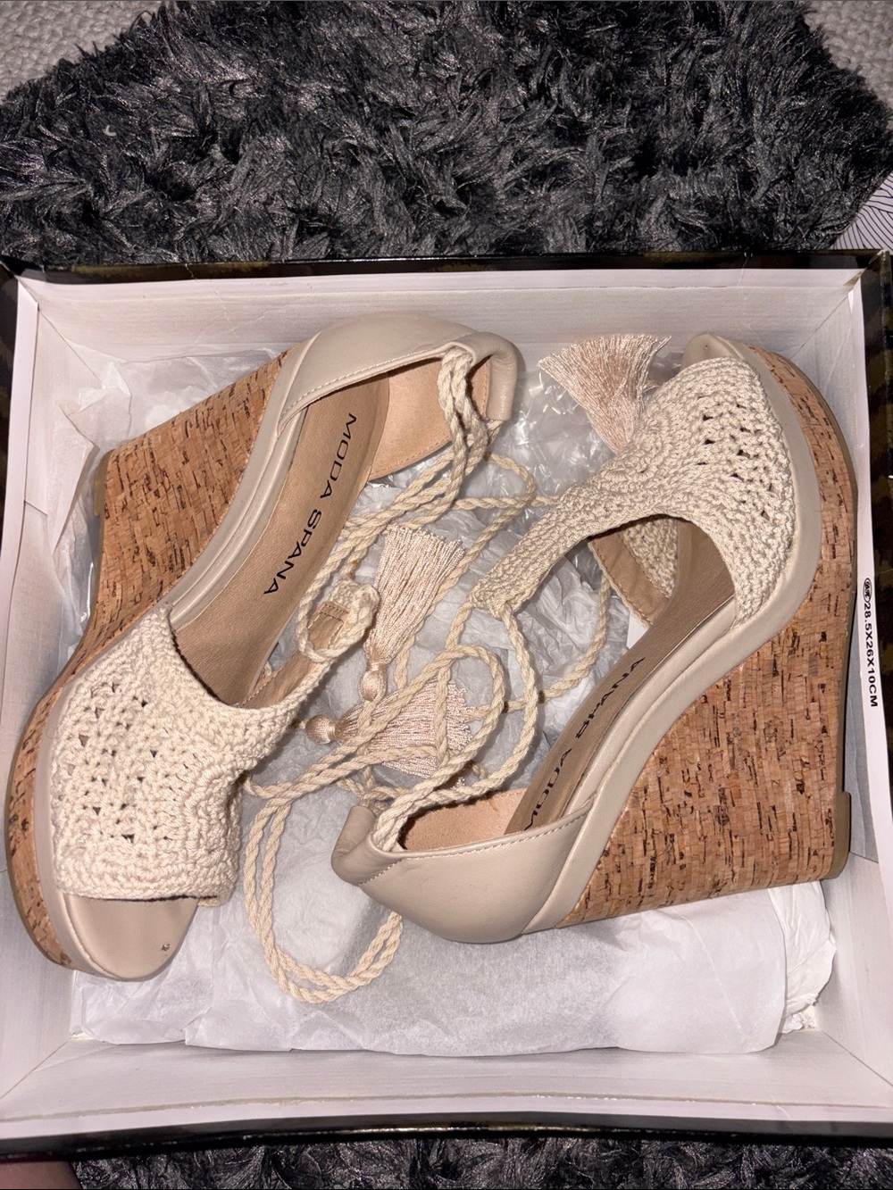 Moda Spana Beige Crochet Lace-Up Wedge Sandals